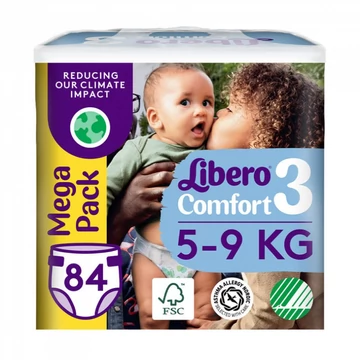 A 84 darabos Libero Comfort 3-as méretű csomagban található pelenkák méretükből adódóan 5 és 9 kilogramm közötti babáknak hétköznapi használatra ajánlott.