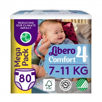 A 80 darabos Libero Comfort 4-es méretű csomagjában található pelenkák méretükből adódóan 7 és 11 kg közötti babáknak hétköznapi használatra ajánlott.