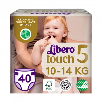 A 40 darabos Libero Touch 5-ös méretű nadrágpelenka kialakításának köszönhetően tökéletes választás 10 és 14 kg közti babák számára hétköznapi használatra.