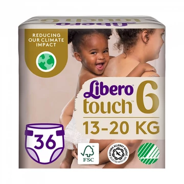 A 36 darabos Libero Touch 6-os méretű nadrágpelenka kialakításának köszönhetően tökéletes választás 13 és 20 kg közti babák számára hétköznapi használatra.