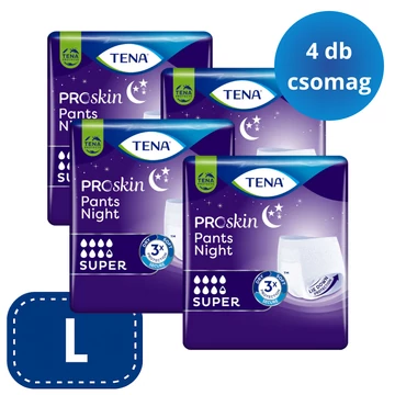 Az L-es TENA Pants Night Super pelenkanadrág testhezálló, igazán kényelmes és puha anyagból készült, és kiváló nedvszívó képességgel rendelkezik.