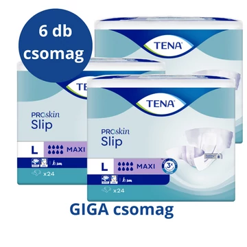 A 144 darabos TENA Slip Max GIGA L mértetű inkontinencia-nadrágpelenka csomagban található nadrágpelenkák rendkívüli nedvszívó képességű maggal rendelkeznek.