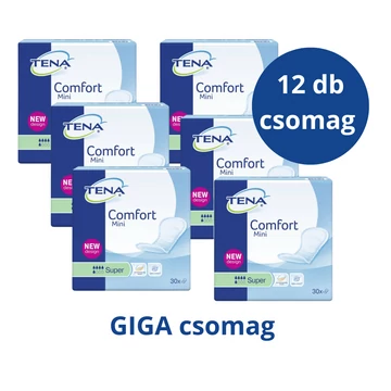 A 360 darabos csomagos kiszerelésben kapható TENA Comfort Mini Super GIGA kiszerelésű inkontinenciabetét kialakításának köszönhetően véd a szivárgás ellen.