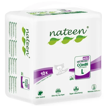 Az L-es mértetű, 10 darabos kiszerelésben kapható NATEEN Combi Ultra felnőtt pelenka kifejezetten középsúlyos és súlyos inkontinenciával élők számára készült.
