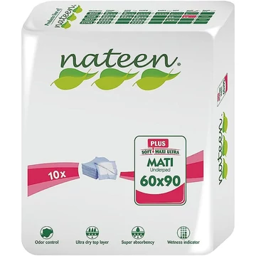 Nateen Mati Plus 60×90 cm inkontinencia alátét 1000 ml kapacitással, bőrbarát felső réteggel, vízálló alappal és rögzítő szélekkel a stabil ágyvédelemért. 