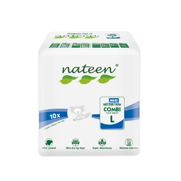 Az L-es mértetű, 10 darabos kiszerelésben kapható NATEEN Combi Maxi eldobható felnőtt pelenkák magas nedvszívó képességgel rendelkező, biztonságos modellek.