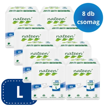 Az L-es mértetű, 10 darabos kiszerelésben kapható NATEEN Combi Maxi eldobható felnőtt pelenkák magas nedvszívó képességgel rendelkező, biztonságos modellek.