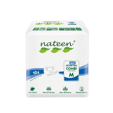 Az M-es mértetű, 10 darabos kiszerelésben kapható NATEEN Combi Maxi eldobható felnőtt pelenkák garantálják, hogy nehéz helyzetekben is gondtalan maradjon.