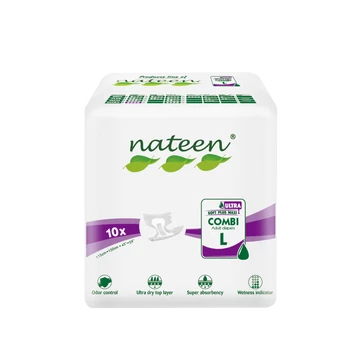 Az L-es mértetű, 10 darabos kiszerelésben kapható NATEEN Combi X-Ultra felnőtt pelenka kifejezetten középsúlyos és súlyos inkontinenciával élők számára készült. Az L-es mértetű, 10 darabos kiszerelésben kapható NATEEN Combi X-Ultra felnőtt pelenka kifejezetten középsúlyos és súlyos inkontinenciával élők számára készült.