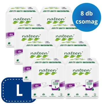 Az L-es mértetű, 10 darabos kiszerelésben kapható NATEEN Combi X-Ultra felnőtt pelenka kifejezetten középsúlyos és súlyos inkontinenciával élők számára készült.