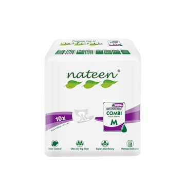 Az M-es mértetű, 10 darabos kiszerelésben kapható NATEEN Combi X-Ultra felnőtt pelenka kifejezetten középsúlyos és súlyos inkontinenciával élők számára készült.