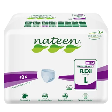 A Nateen Flexi Ultra L bugyipelenka 3750 ml nedvszívó kapacitással, elasztikus derékkal és bőrbarát anyagokkal biztosít kényelmes védelmet. A Nateen Flexi Ultra L bugyipelenka 3750 ml nedvszívó kapacitással, elasztikus derékkal és bőrbarát anyagokkal biztosít kényelmes védelmet.