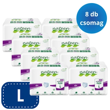 A Nateen Flexi Ultra L bugyipelenka 3750 ml nedvszívó kapacitással, elasztikus derékkal és bőrbarát anyagokkal biztosít kényelmes védelmet.