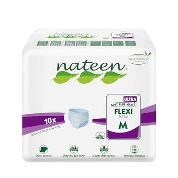 A Nateen Flexi Ultra M nadrágpelenka megbízható választás inkontinenciára, 3450 ml felszívóképességgel és extra puha, rugalmas kialakítással. A Nateen Flexi Ultra M nadrágpelenka megbízható választás inkontinenciára, 3450 ml felszívóképességgel és extra puha, rugalmas kialakítással.