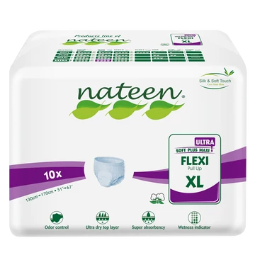 A Nateen Flexi Ultra XL bugyipelenka 3450 ml nedvszívó kapacitással, elasztikus derékkal és bőrbarát anyagokkal biztosít kényelmes védelmet. A Nateen Flexi Ultra XL bugyipelenka 3450 ml nedvszívó kapacitással, elasztikus derékkal és bőrbarát anyagokkal biztosít kényelmes védelmet.