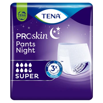 Az L-es méretű TENA Pants Night Super pelenkanadrág éjszakai használatra tervezett felnőttpelenka, maximális védelemmel a valóban pihentető éjszakákért.