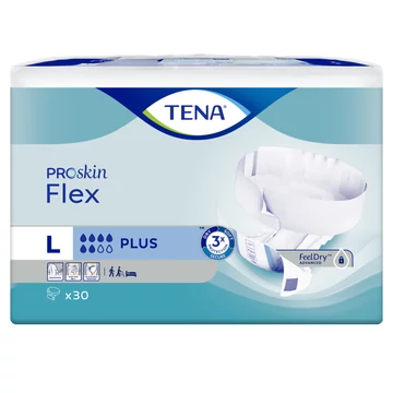 Az L-es méretű TENA Flex Plus fenőttpelenka a gyors nedvszívó képességgel és kiváló nedvességtartó magjával küzd a tartós száraz érzés fenntartása érdekében.