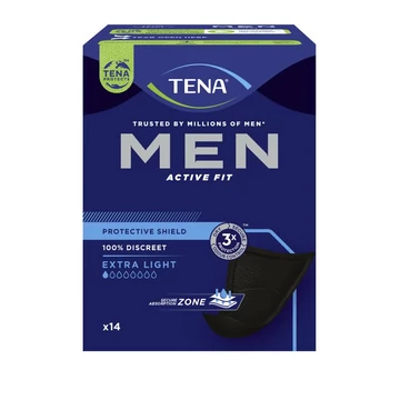 A TENA Men Active Fit Protective Shield férfi betét véget vet a szivárgással járó vészhelyzeteknek, és megvéd az enyhébb szivárgástól, a kellemetlen szagoktól. 