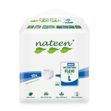 A Nateen Flexi Maxi L bugyipelenka 3450 ml nedvszívó kapacitással, elasztikus derékkal és bőrbarát anyagokkal biztosít kényelmes védelmet.