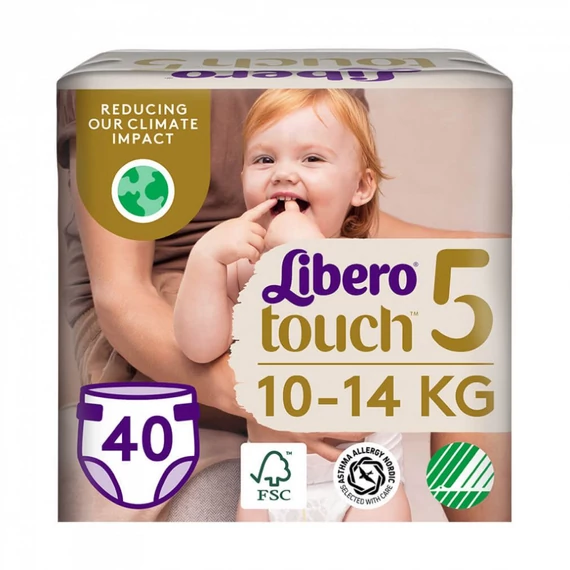 A 40 darabos Libero Touch 5-ös méretű nadrágpelenka kialakításának köszönhetően tökéletes választás 10 és 14 kg közti babák számára hétköznapi használatra.