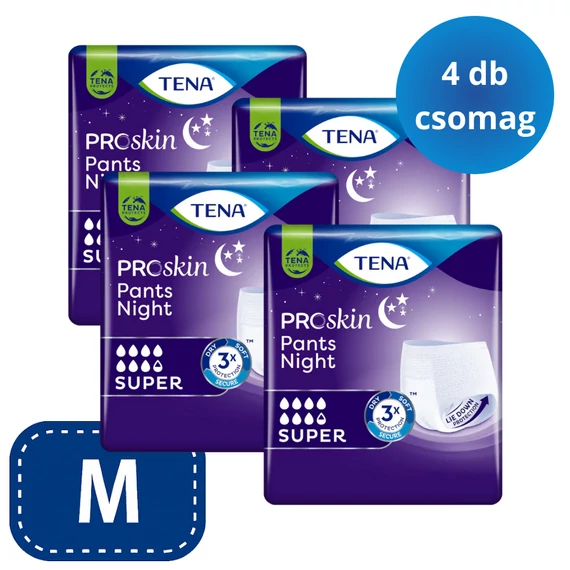 Az M-es méretű TENA Pants Night Super pelenkanadrág extra nedvszívó, kiemelt védelmet nyújt felnőtteknek, valamint hatékonyan segít a pihentető alvásban.