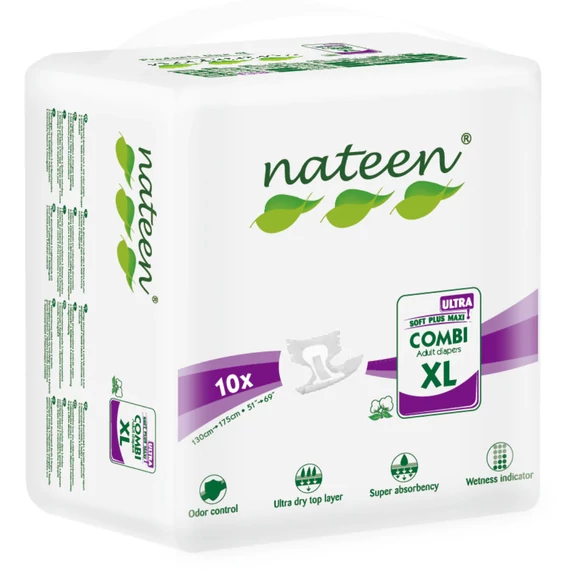 Az XL-es mértetű, 10 darabos kiszerelésben kapható NATEEN Combi Ultra felnőtt pelenka kifejezetten középsúlyos és súlyos inkontinenciával élők számára készült.