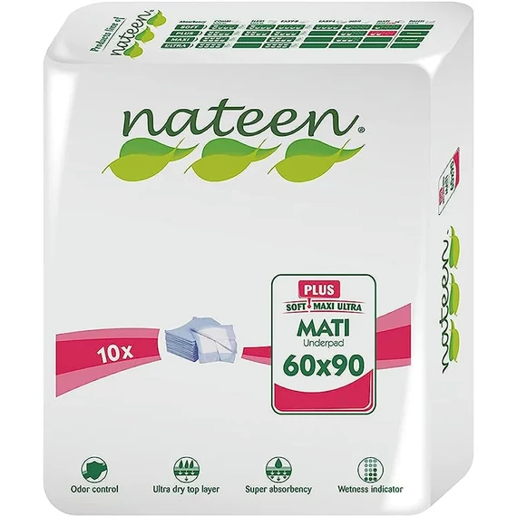 Nateen Mati Plus 60×90 cm inkontinencia alátét 1000 ml kapacitással, bőrbarát felső réteggel, vízálló alappal és rögzítő szélekkel a stabil ágyvédelemért. 