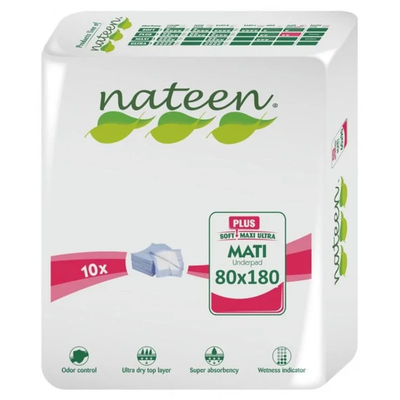 A Nateen Mati Plus 180×80 cm eldobható betegalátét 1200 ml nedvszívással, oldalsó peremekkel és puha, vízhatlan réteggel az ágy védelmére szolgál.