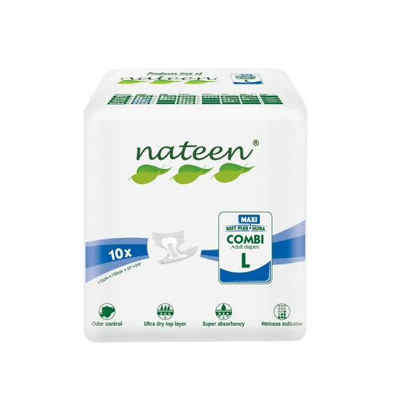 Az L-es mértetű, 10 darabos kiszerelésben kapható NATEEN Combi Maxi eldobható felnőtt pelenkák magas nedvszívó képességgel rendelkező, biztonságos modellek.
