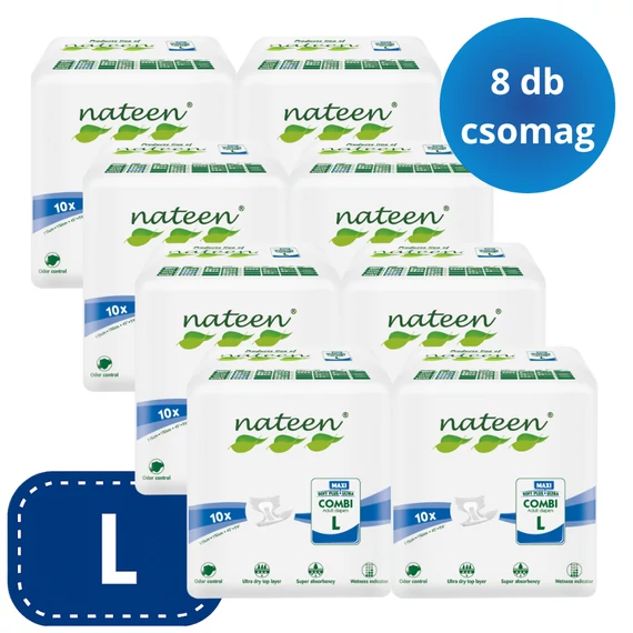 Az L-es mértetű, 10 darabos kiszerelésben kapható NATEEN Combi Maxi eldobható felnőtt pelenkák magas nedvszívó képességgel rendelkező, biztonságos modellek.