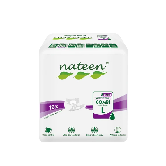 Az L-es mértetű, 10 darabos kiszerelésben kapható NATEEN Combi X-Ultra felnőtt pelenka kifejezetten középsúlyos és súlyos inkontinenciával élők számára készült.