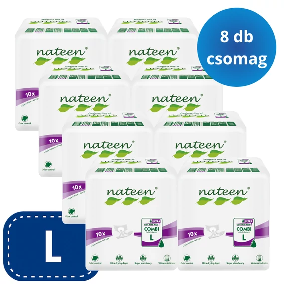 Az L-es mértetű, 10 darabos kiszerelésben kapható NATEEN Combi X-Ultra felnőtt pelenka kifejezetten középsúlyos és súlyos inkontinenciával élők számára készült.