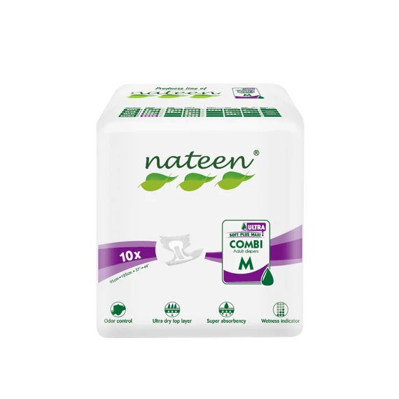 Az M-es mértetű, 10 darabos kiszerelésben kapható NATEEN Combi X-Ultra felnőtt pelenka kifejezetten középsúlyos és súlyos inkontinenciával élők számára készült.