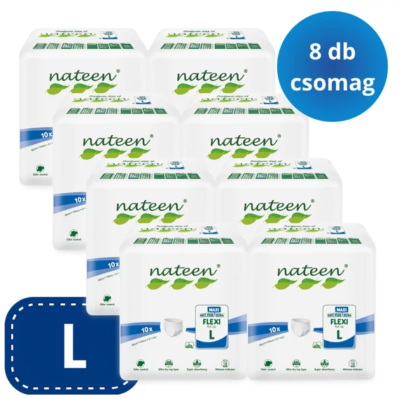 A Nateen Flexi Maxi L bugyipelenka 3450 ml nedvszívó kapacitással, elasztikus derékkal és bőrbarát anyagokkal biztosít kényelmes védelmet.