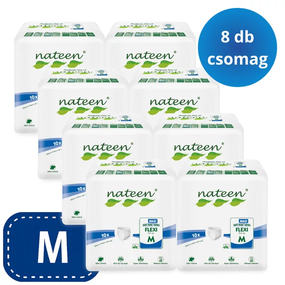 A Nateen Flexi Maxi M nadrágpelenka megbízható választás inkontinenciára, 3450 ml felszívóképességgel és extra puha, rugalmas kialakítással.