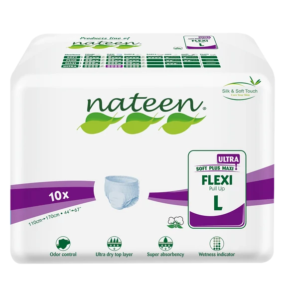 A Nateen Flexi Ultra L bugyipelenka 3750 ml nedvszívó kapacitással, elasztikus derékkal és bőrbarát anyagokkal biztosít kényelmes védelmet.
