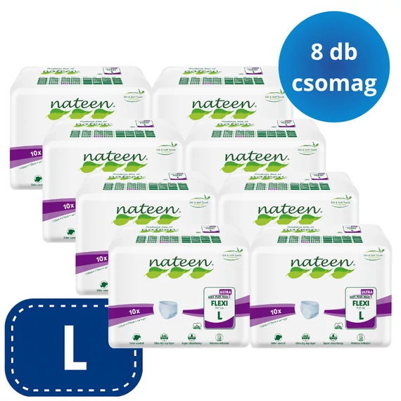 A Nateen Flexi Ultra L bugyipelenka 3750 ml nedvszívó kapacitással, elasztikus derékkal és bőrbarát anyagokkal biztosít kényelmes védelmet.