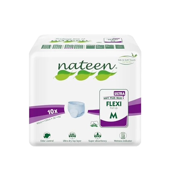 A Nateen Flexi Ultra M nadrágpelenka megbízható választás inkontinenciára, 3450 ml felszívóképességgel és extra puha, rugalmas kialakítással.