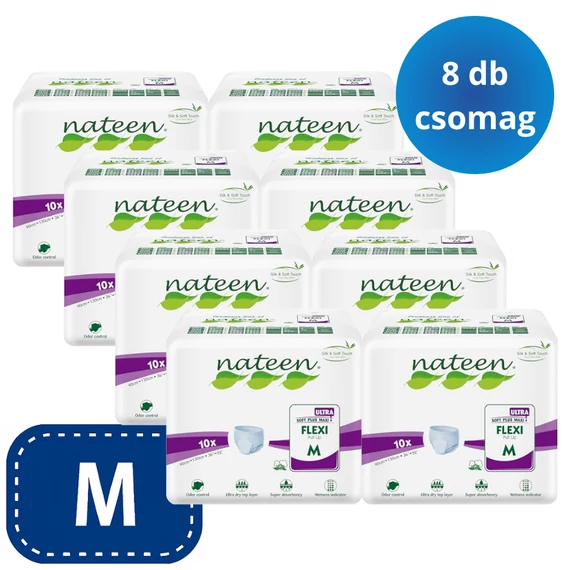 A Nateen Flexi Ultra M nadrágpelenka megbízható választás inkontinenciára, 3450 ml felszívóképességgel és extra puha, rugalmas kialakítással.
