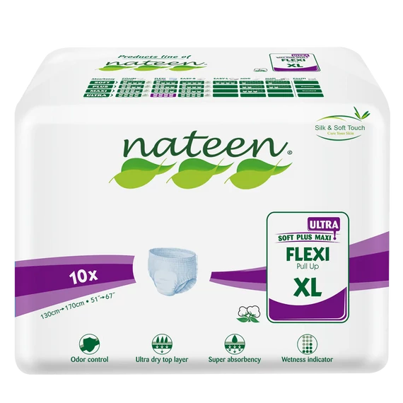 A Nateen Flexi Ultra XL bugyipelenka 3450 ml nedvszívó kapacitással, elasztikus derékkal és bőrbarát anyagokkal biztosít kényelmes védelmet.