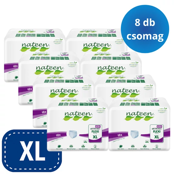 A Nateen Flexi Ultra XL bugyipelenka 3450 ml nedvszívó kapacitással, elasztikus derékkal és bőrbarát anyagokkal biztosít kényelmes védelmet.