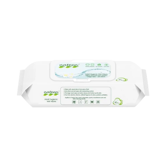 Az extra nagy méretű Nateen Nedves Törlőkendő aloe verával és kamillával óvja az érzékeny bőrt.  A termék ideális választás a kényelmes, higiénikus ápoláshoz.