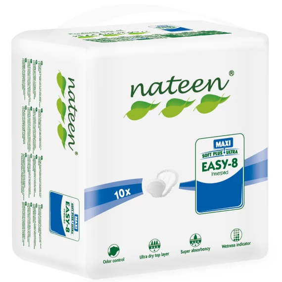 A 2450 ml kapacitással rendelkező NATEEN Easy 8 Maxi Inkontinencia betét magas nedvszívóképességének köszönhetően tökéletes középsúlyos inkontinencia esetén.