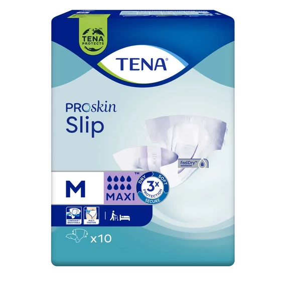 A 100 darabos, M-es méretű TENA Slip Maxi nadrágpelenka tépőzárakkal készül a tökéletes illeszkedés, a kényelem és a szivárgás elleni védelem érdekében.