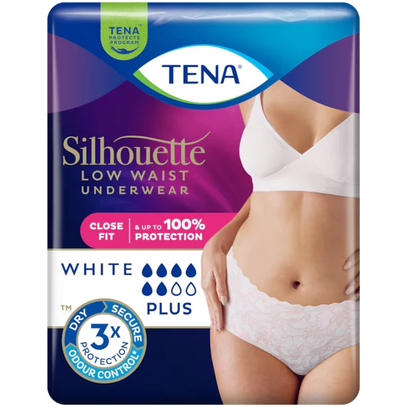 Az M méretű TENA Lady Silhouette Plus elegáns, alacsony derékrésszel, mikrorugalmas anyagból készül, emellett pedig mindenhol igazán nőies minta díszíti.