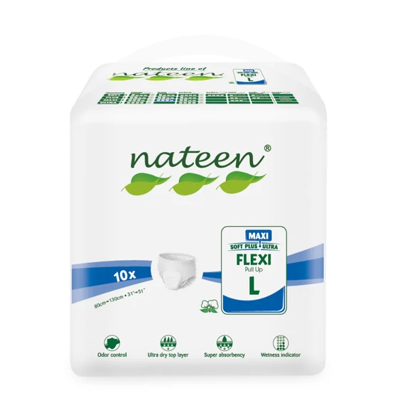 A Nateen Flexi Maxi L bugyipelenka 3450 ml nedvszívó kapacitással, elasztikus derékkal és bőrbarát anyagokkal biztosít kényelmes védelmet.